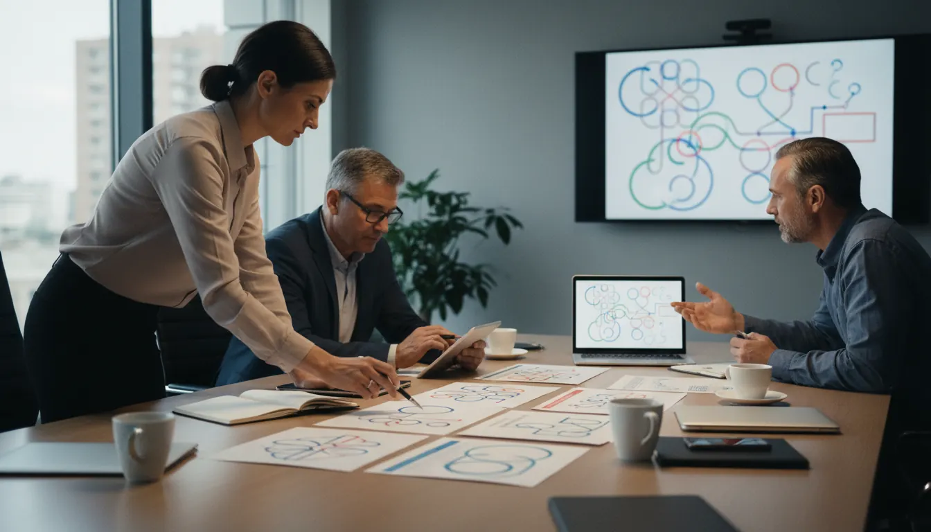 Business professionals reviewing compliance documents and ethical frameworks at corporate meeting