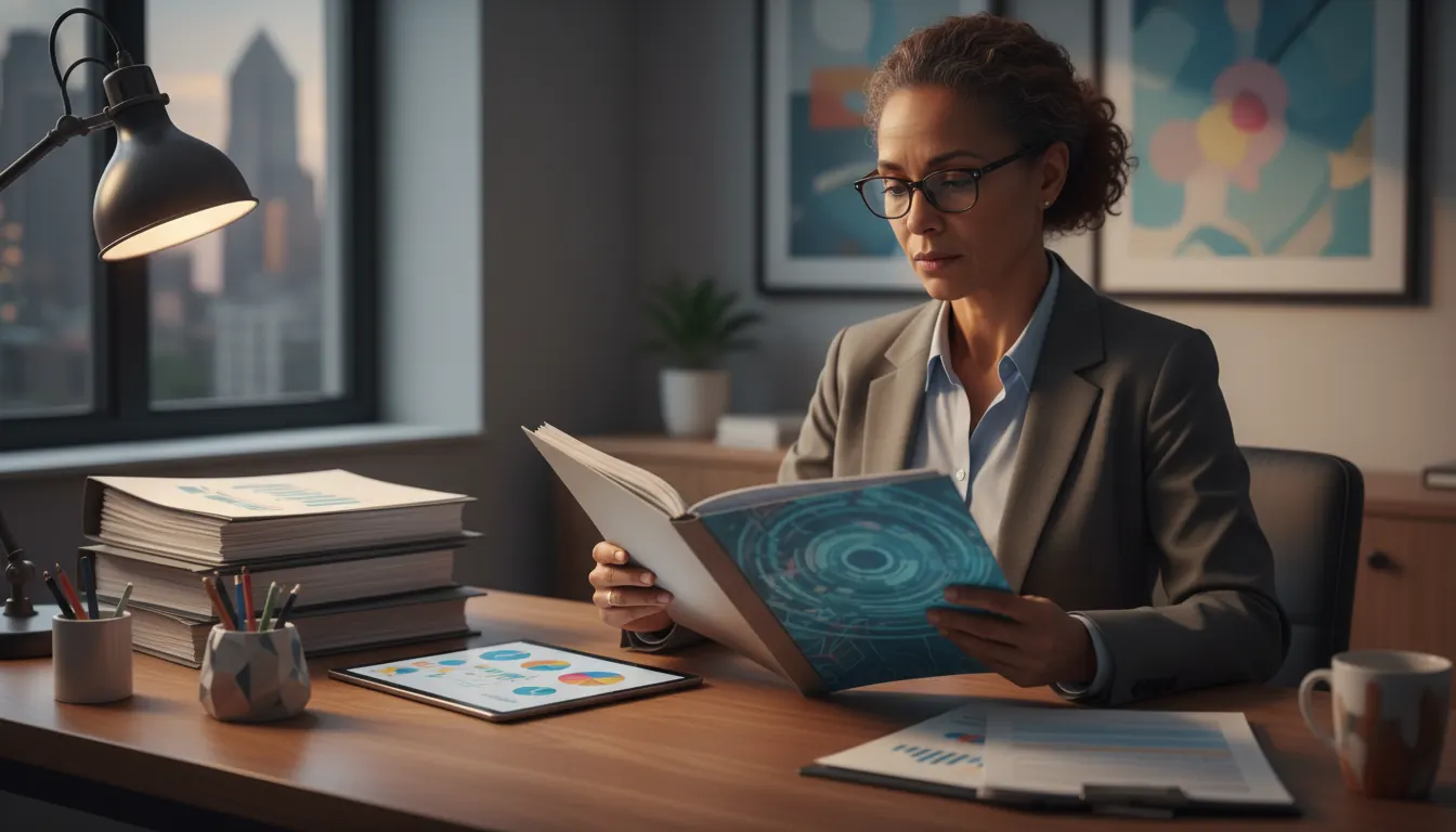 Regulatory official reviewing compliance documents and policy frameworks at desk