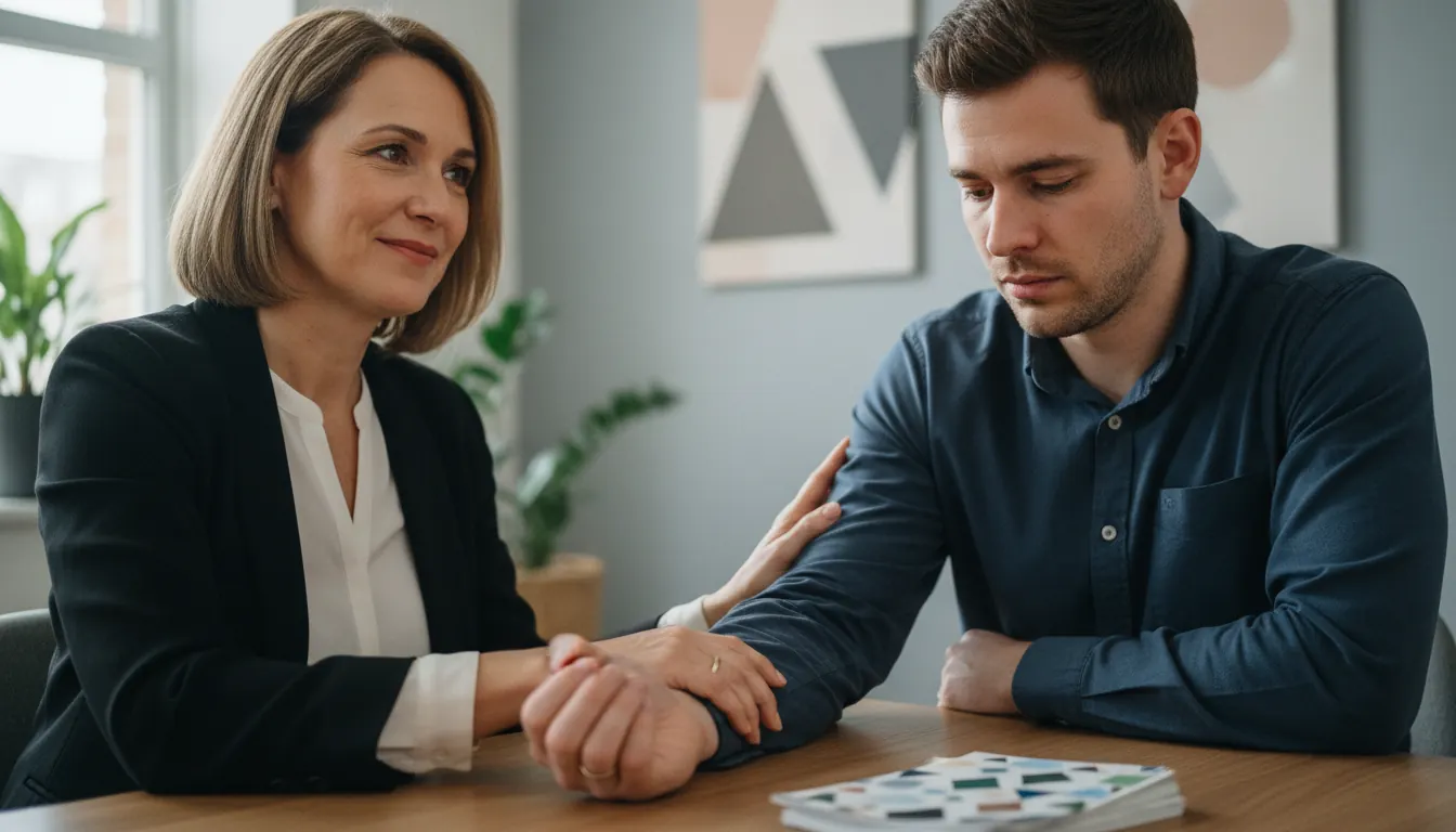Counselor providing support to person at problem gambling help center